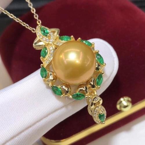 D801 Pearl Pendant Fine Jewelry 925 Sterling Silver Round 13-14mm Nature Fresh Water Golden Pearls Pendants Neckalces for Women