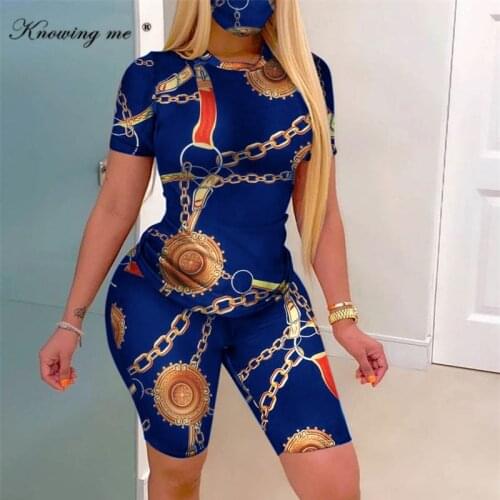 5XL Chain Print knee Length tracksuit set Women Summer O Neck Skinny Two Piece Set Lady casual short sleeve pullovers 2pcs set