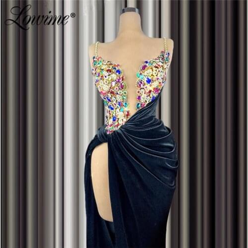Lowime Crystals Black Velvet Party Dress Women Evening Dresses Long Spaghetti Straps Arabic Dubai Prom Dress 2021 Customized