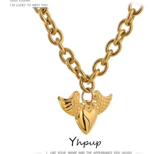 Yhpup Romantic Heart Angel Pendant Neckalce New Stainless Steel Heavy Metal Collar Necklace Waterproof 18 K Metal Jewelry Gift