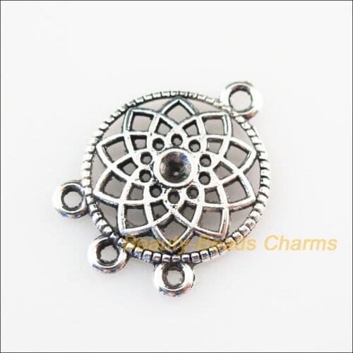 25 New Charms Round Flower Tibetan Silver Color Pendants Connectors 18x24.5mm