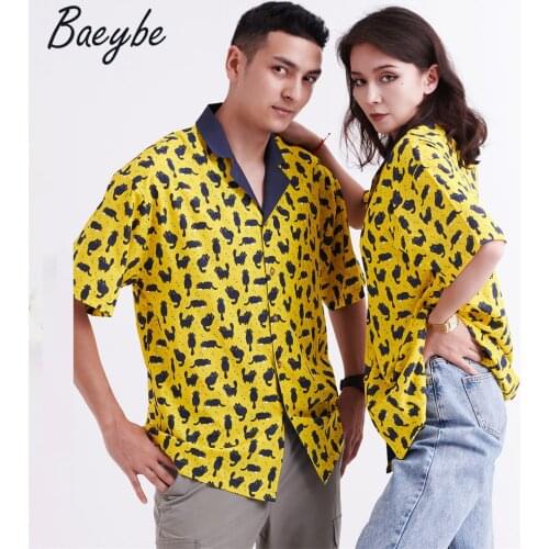 2021 Summer couples matching clothing Yellow Cute Cat animal cartoon casual hawaiian short sleeve button up unisex shirt