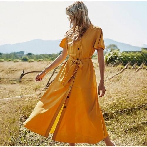 2021 Spring and Summer New Womens Clothing Hot Sale Single-Breasted A- line Skirt Belt V-neck Short Sleeve Dress for Women