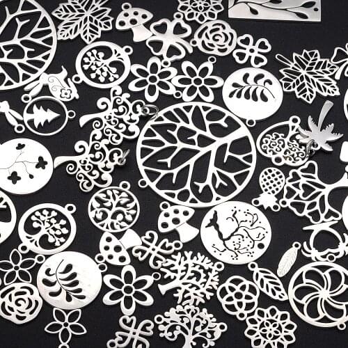 50pcs/lot Mix Designs Stainless Steel Flower Tree Lotus DIY Pendant Charms Connector Wholesale Bracelet Making Factory Price