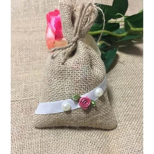 Free shipping DIY handmade Jute bag lace wedding candy bag bead and small flower linen bag burlag bags