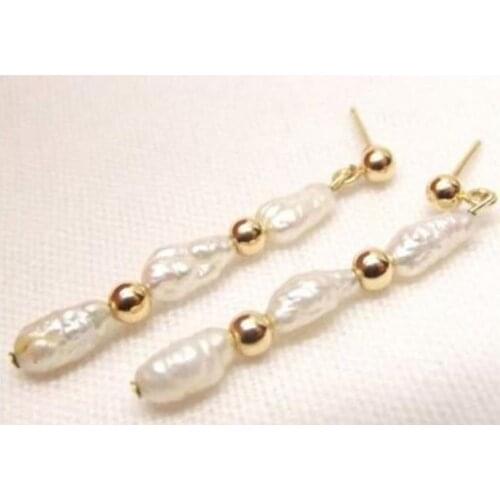 Noble jewelry Vtg 14K/20 Gold Baroque Pearl Strand Dangle Earrings Beaded Rice Pearl