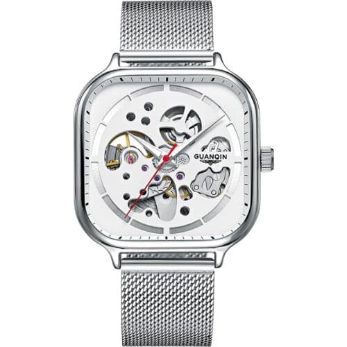 GUANQIN Watches Men Skeleton Design Automatic Mechanical Clock Waterproof Swiss Sport Man Wristwatch With Square Milanese Band