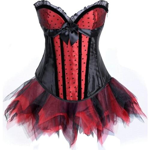 Black and Red Polka Dot Print Corset with Tutu Skirt ( S M L XL XXL ) Women Satin Zipper Bustier Corselet Dress Sexy Lingerie