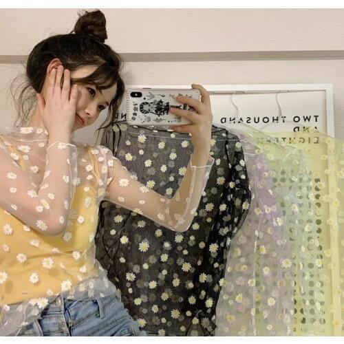 Daisy long sleeve T-shirt women thin sunscreen shirt mesh Transparent Blouses Tops Clothing Unlined Upper Garment Jacket
