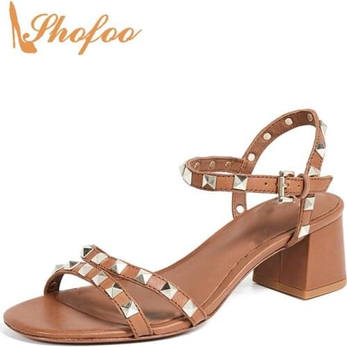 Brown White Rivets Ankle Buckle Strap Sandals Woman High Chunky Heels Large Size 11 16 For Ladies Dress Footwear Casual Fashion