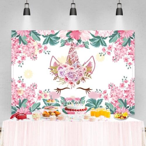 Laeacco Unicorn Party Photo Backgrounds Pink Flowers Green Leaves Baby Shower Newborn Birthday Photography Backdrops Photo Shoot