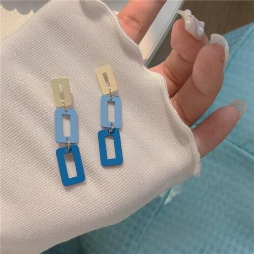 Fasion Korean Unique Contrast Color Metal Earrings Statement Square White Blue Color Earring for Women Party Jewelry New
