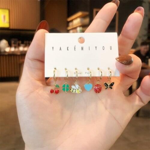 Fashion Cute Fruit Charms Hoop Earrings Set Vintage Enamel Virgin Animal Drop Earrings For Women Jewelry Gift
