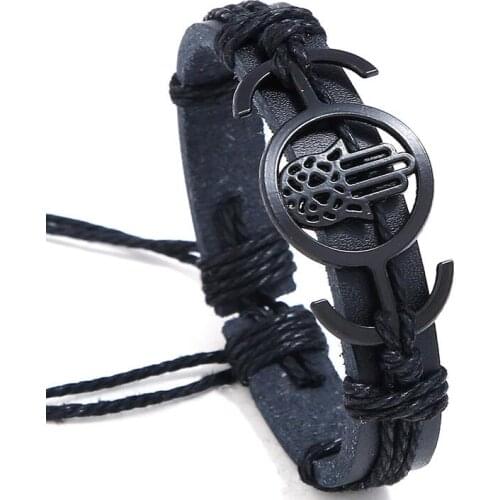Fashion Casual Punk Vintage Black Leather Bracelet Hamsa Hand Charm Wax Cords Bangle Wristbands Retro Handmade Men Women Jewelry