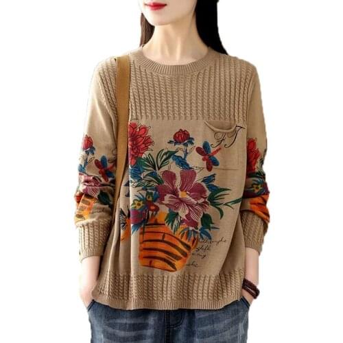 Retro Fashion Knit Sweater Pullover Womens Coat Long Sleeve Printed Spring Autumn Sweaters Jumper Female Tops Outerwear W634