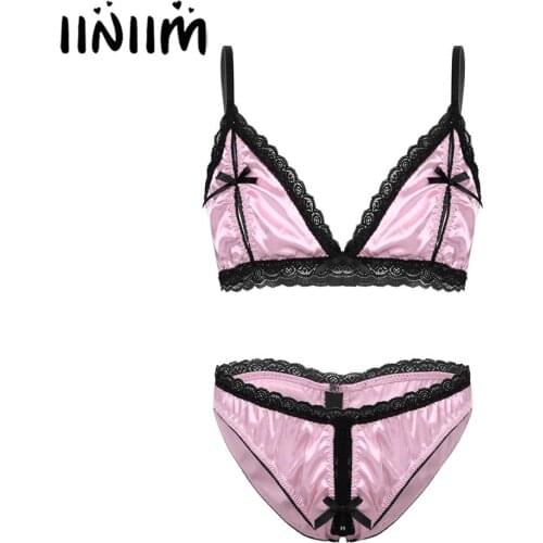 Mens Sissy Exotic Nightwear Silky Satin Lace Trim Lingerie Set Open Nipple Splits Bra Top with Crotchless Sissy Briefs Underwear