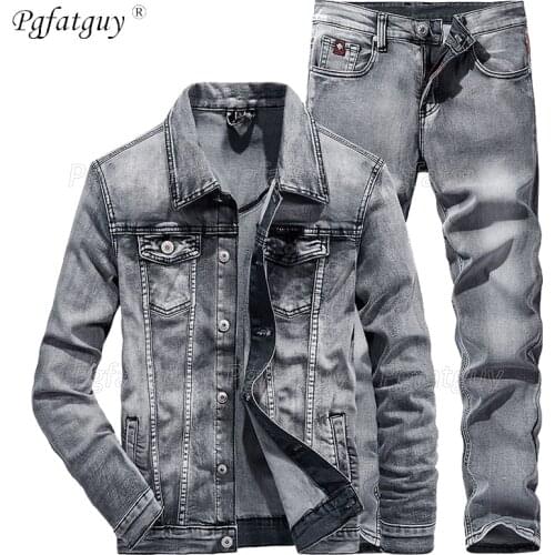 Men 2 Piece Sets New Simple Spring Autumn Smoky Gray Long Sleeve Denim Jacket + Jeans Fashion Slim Couple Denim Suit Ropa Hombre
