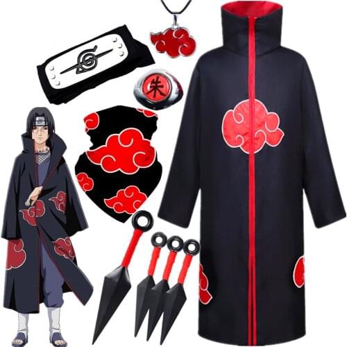 Anime Akatsuki Member Cloak Cosplay Costume Party Halloween Costume Child Adult Headband Kunai Ring Hokage Ninja Accessories Set