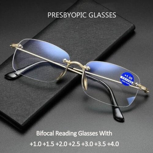 Seemfly Rimless Bifocal Reading Glasses Men Women Computer Dual-use Anti Blu Light Eyewear Gray White Optical Lens Hyperoia +1.5