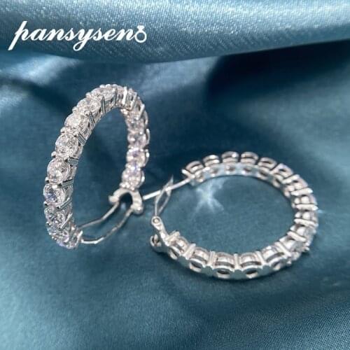 PANSYSEN 100% 925 Sterling Silver Created Moissanite Diamond Gemstone Hoop Earrings Women Wedding Fine Jewelry Gift Wholesale