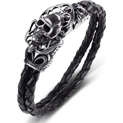 Punk Hip Hop Genuine Leather Braided Bracelet for Men Stainless Steel Skull Male Wristbands Party Jewelry Handmade Bangles P522