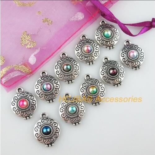 10 New Round Charms Mixed Acrylic Flower Pendants Tibetan Silver Tone 14x18.5mm