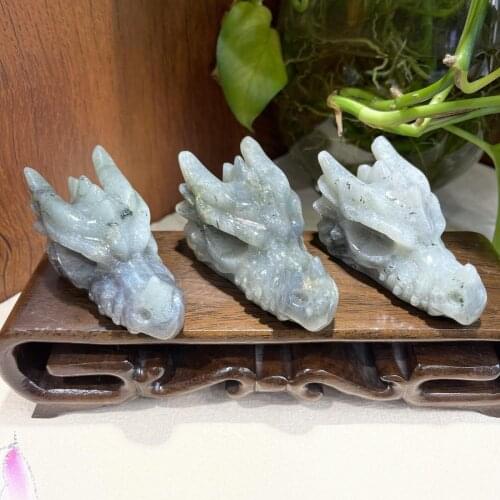 Natural Stone Labradorite Crystal Handmade Carved Dragon Head Skull Polished Animal Powerful Statue for Home Decoration Gift