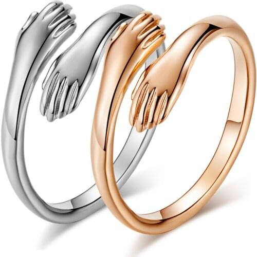 Top Quality Romantic Hand with Love Hug Titanium Steel Ring for Women Men Creative Rose Gold Tone Open Finger Ring Lover Jewelry