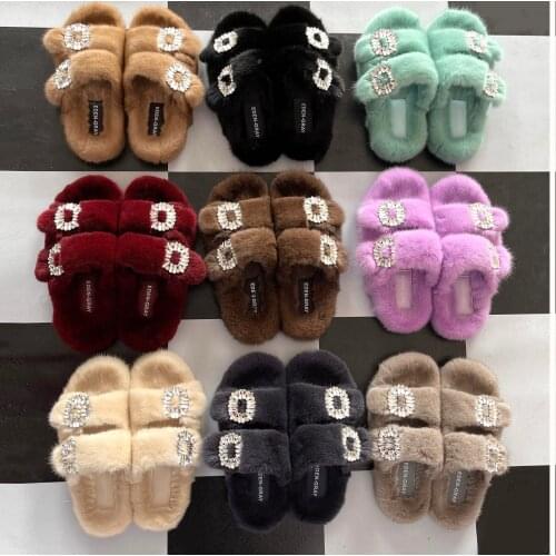 Luxury 100% Real Mink Fur Slippers For Women European Style Slippers Indoor Winter Diamond Slippers