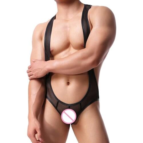 Sexy Leotard Bodysuits Men Underwear Mesh See Through Jumpsuits Wrestling Singlets Erotic Open Butt Fishnet Catsuit Undershirts