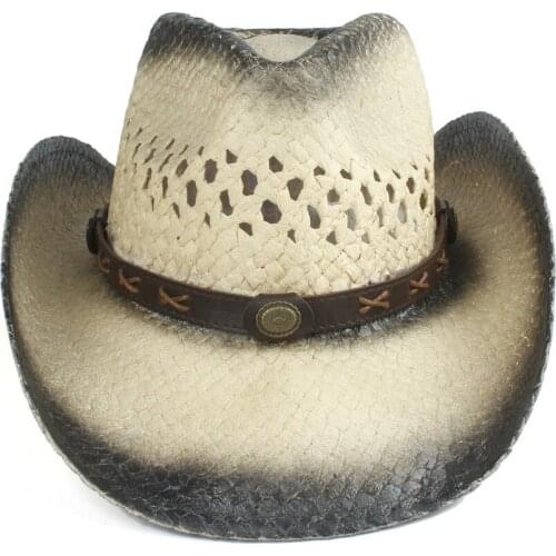 Fashion Unisex Women Men Straw Hollow Western Cowboy Hat Lady Sombrero Hombre Beach Hat Dad Cowgirl Jazz Sun Hat Size 56-58CM