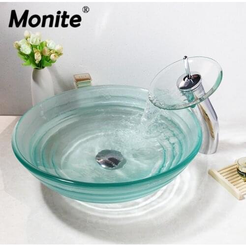 Monite Waterfall Chrome Polished Soild Brass Bathroom Sink Round Tempered Glass Vessel Sink Faucet And Water Drain