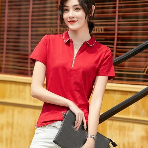 High Quality 2020 Summer Cotton Womens Polos Shirts Casual Short Sleeve Zipper Lapel Ladies Tees Fashion Female Slim Tops