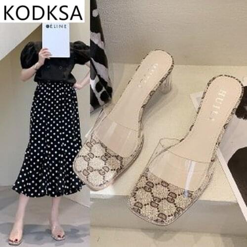 Transparent Sandals Womens High Heels 2021 New Summer All-match Mid-heel Crystal Fashion Outer Wear Sandals And Slippers