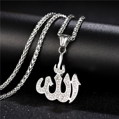 Arabic Women Muslim Islamic God Allah Charm Pendant Necklace Stainless Steel Zirconia Jewelry Ramadan Gift