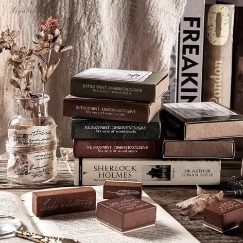 6pcs/set Vintage English letter book decoration stamp wooden rubber stamps for scrapbooking stationery DIY craft standard stamp