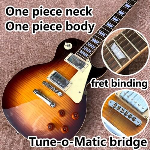 Free Delivery one piece Neck one piece body electric guitar in sunburst ,Upgrade Tune-o-Matic bridge guitar Tiger Flame guitar