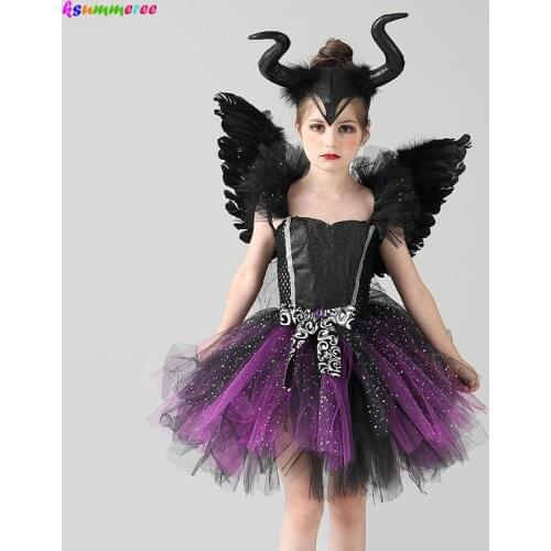 Glittery Black & Purple Kids Evil Witch Tutu Dress Girls Dark Fairy Witch Tutu Halloween Cosplay Costume With Horns and Wings