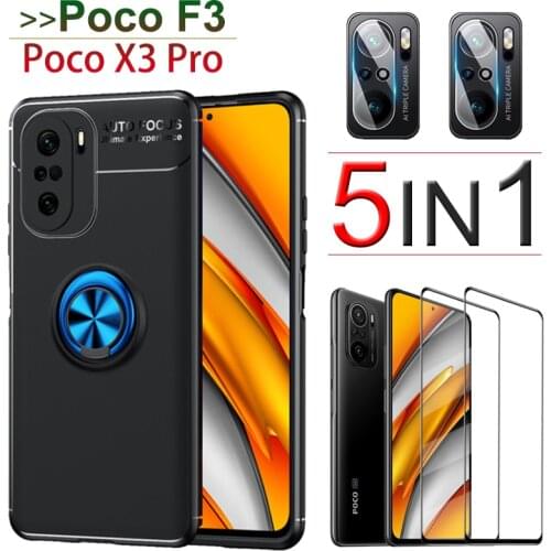 Case Poco F3,Protective Glass+Cover with Ring, PocoF3 PocoX3Pro Cover Shockproof Case for Xiaomi Pocophone F3 Case Funda Poco-F3