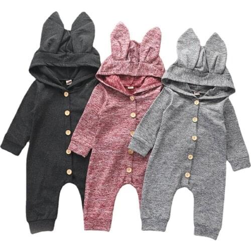 Newborn Baby Boy Girl Clothes Long Sleeve Romper Hood Bunny Bodysuit Infant Baby Clothes Solid Colors Infant Toddlers Outwear