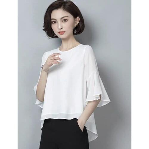 Elegant Flare Half Sleeves Women Solid Chiffon Blouses Summer O-neck Irregular Shirts Female 2020 Casual Tops Plus Size M-8XL