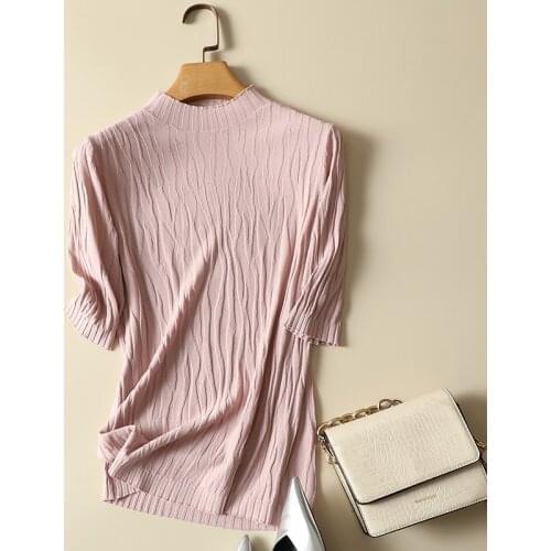 Thin Solid Knitted Women T-Shirts Summer New 2021 O-Neck Half Sleeved Elastic Lady Elegant Pulls Tops Tees