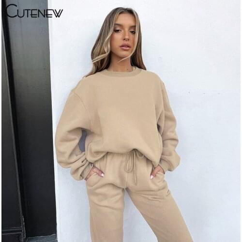Cutenew Solid Casual Fitness Winter Thicken Two Piece Set Women Outfits Sporty Pullover Top+Harem Pants Matching Lady Streetwear