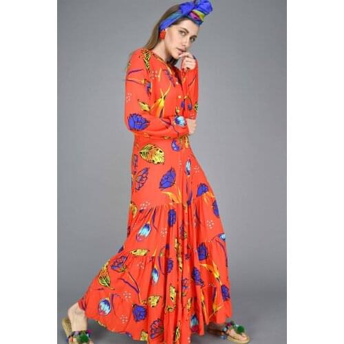 Coral Red Color Tulip Patterned Mandarin Collar Pleated Long Boho Dress 2021 New Fashion Very Chic Authentic Womens Clothing