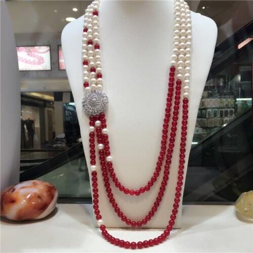Hot sell natural 3rows 8mm red 7-8mm white freshwater pearl micro inlay zircon sweater necklace jewelry Best gift for mom
