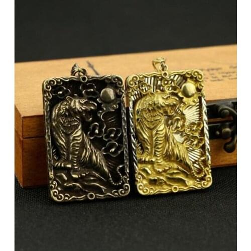 Copper Statue Collection Chinese Brass Carved Zodiac Animal Tiger Auspicious Clouds Tiger Card Exquisite Small Pendant Statue