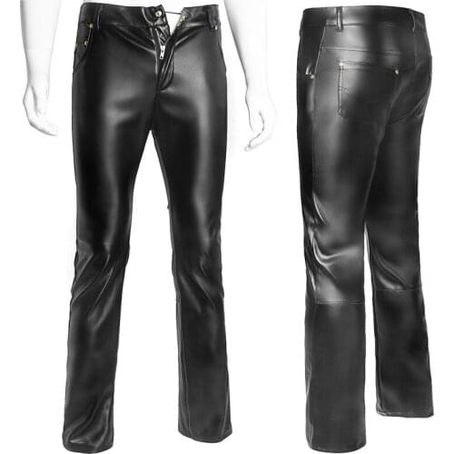 Fashion Mens Black PU Leather Long Pants Casual Slim Fit Trousers Gothic Motorcycle Zipper Straight Pants Nightclub Costumes