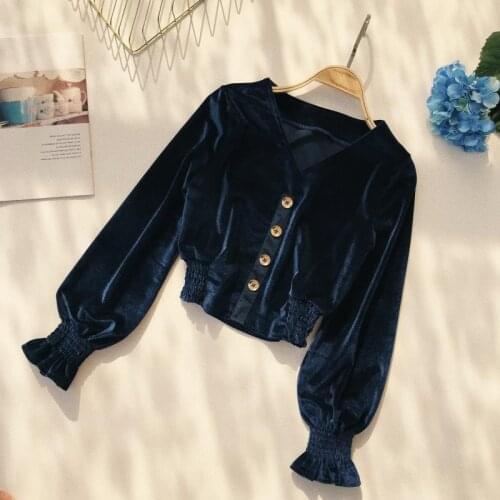 New Autumn Winter Women Vintage Blouse Shirts Vintage Sexy V-Neck Velvet Blouses Female Long Sleeve Shirts Short Office Lady Top
