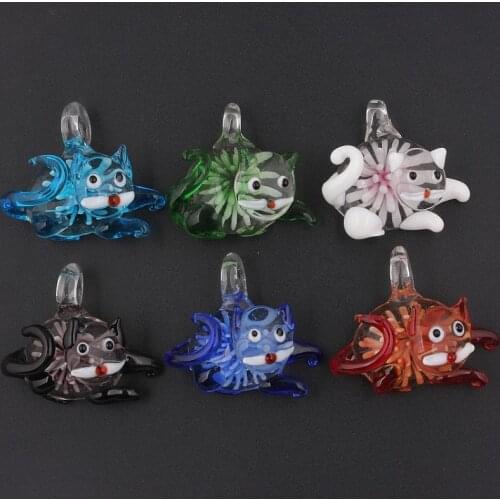 Wholesale 6pcs Handmade Murano Lampwork Glass Mix Color Cats Flower Pendant For Necklace Jewelry Gifts Women