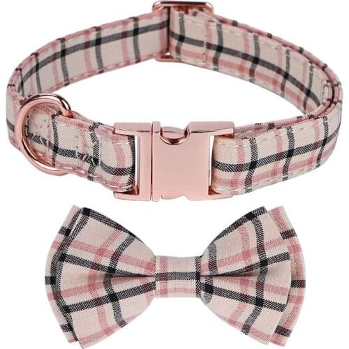 Dog Collar with Bow and Metal Buckle Cotton & Webbing Classic Plaid Adjustable Collars for Small Medium Large Dogs